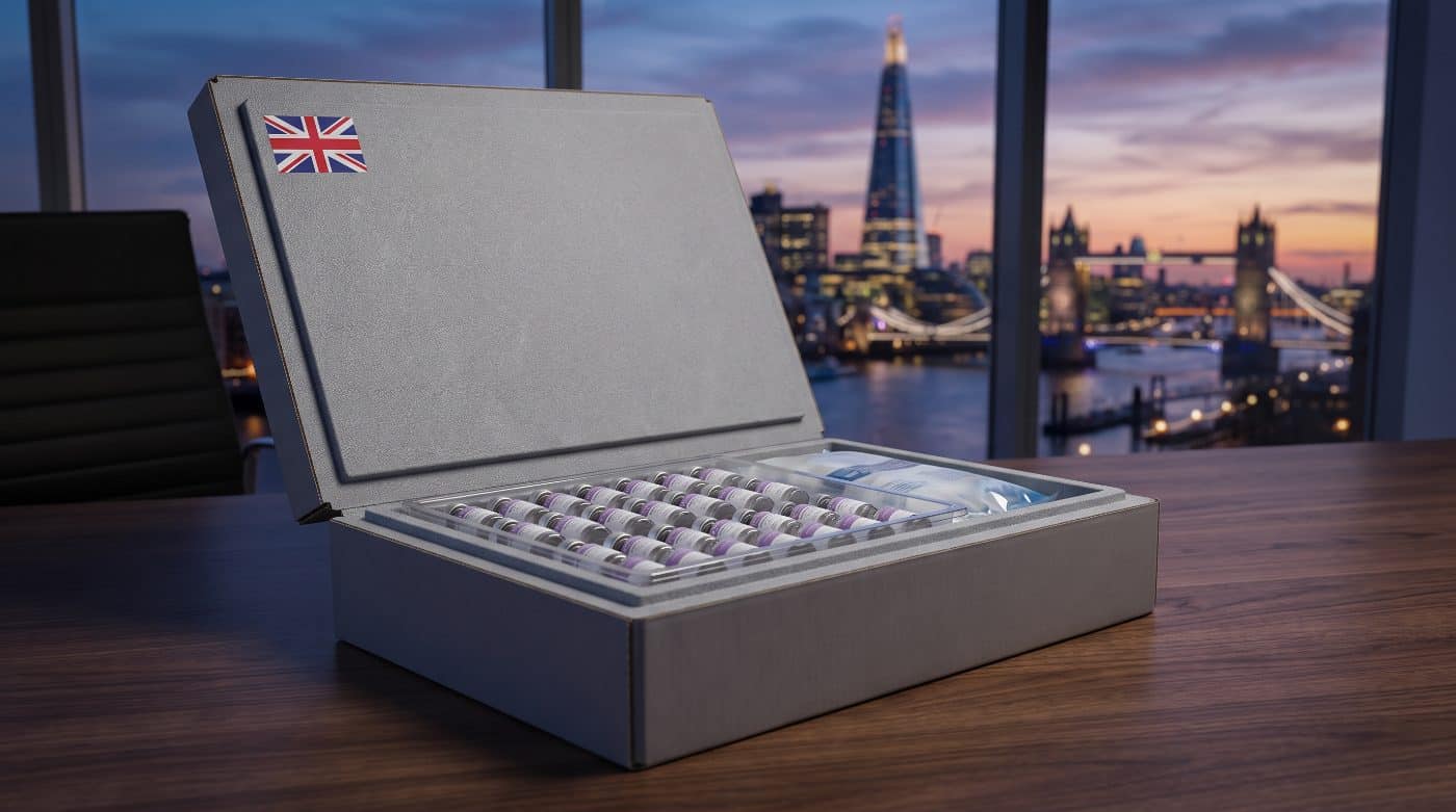 Wholesale Retatrutide vials in cold-chain shipping box with London skyline